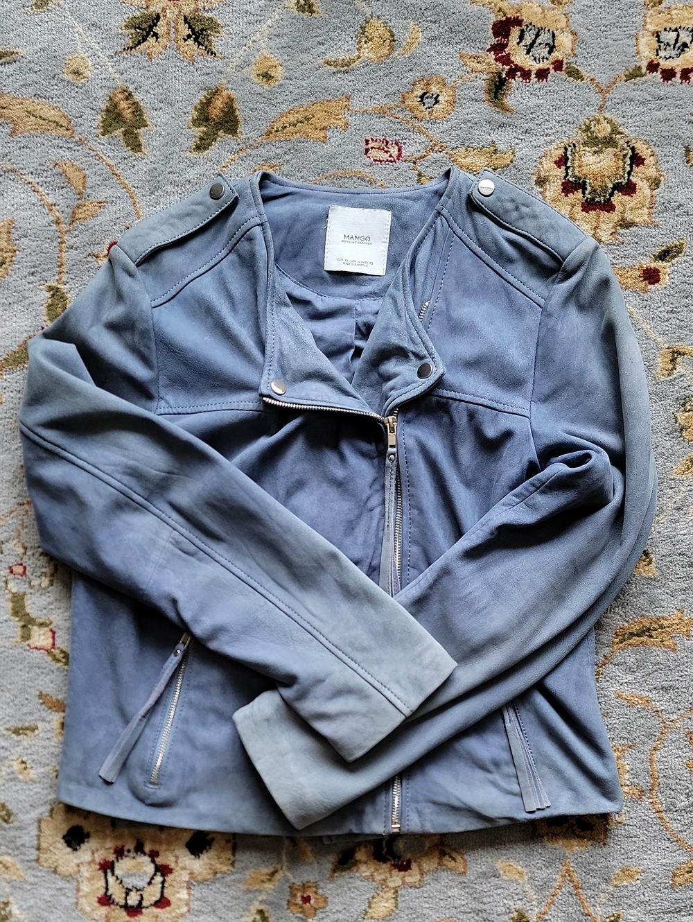 Mango Dusty Blue Suede Moto Jacket US L
